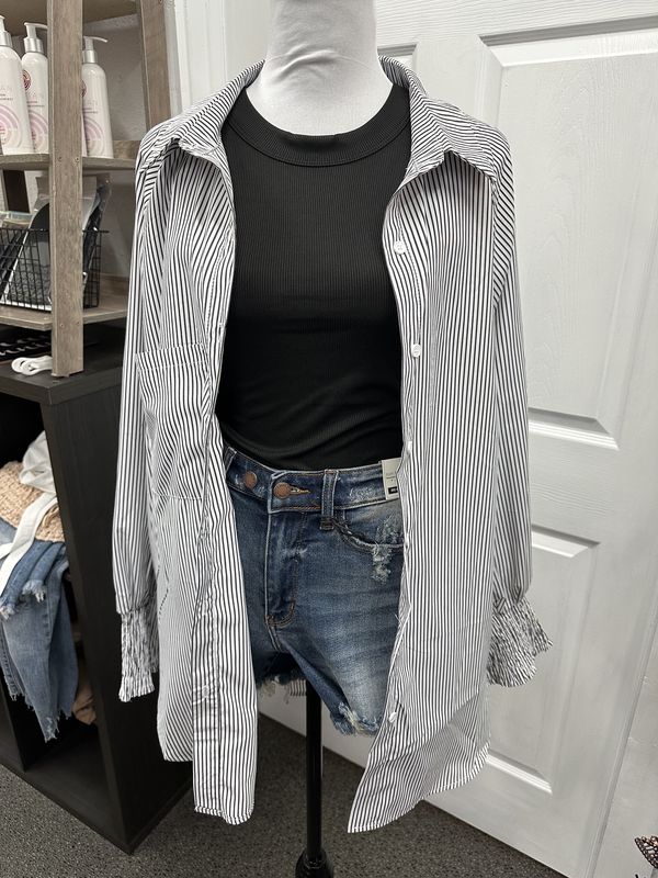 Smocked Cuffed Striped Boyfriend Shirt with Pocket