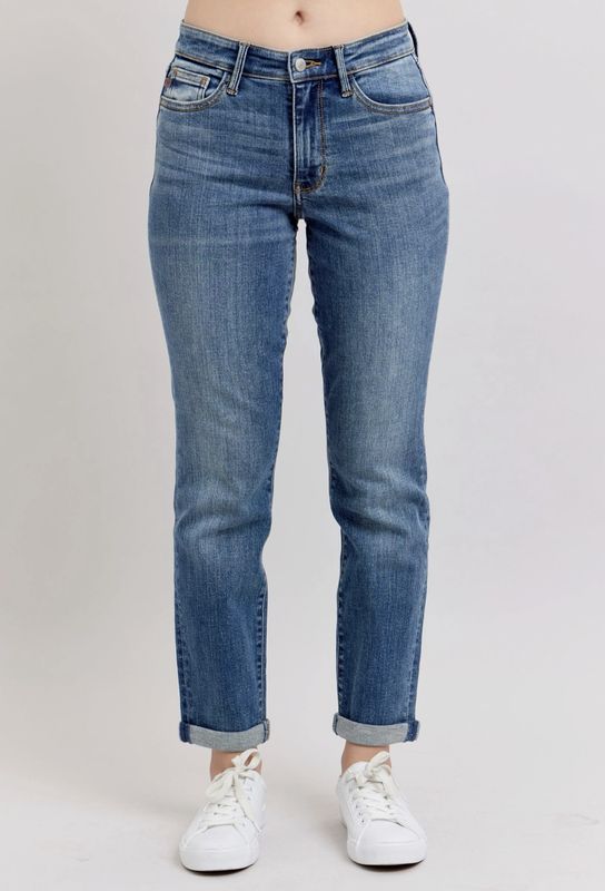 Judy Blue Mid Rise Vintage Wash Boyfriend Double Cuff