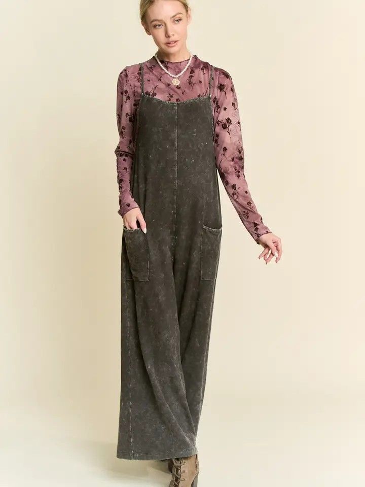 Garment  washed knit utility lounge jumpsuit
