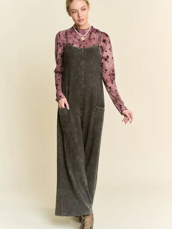 Garment  washed knit utility lounge jumpsuit