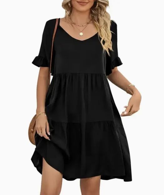 Summer Casual V Neck Baby Doll Pleated Dress