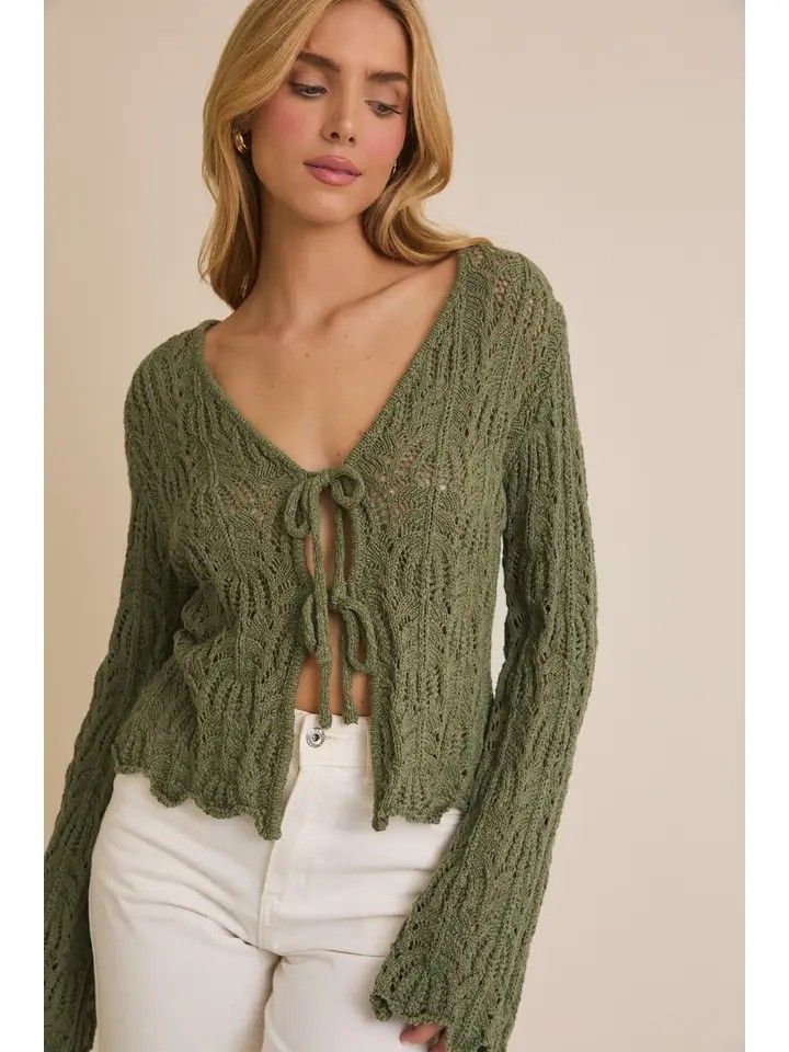 Front Tie Bell Sleeve Open Knit Cardigan