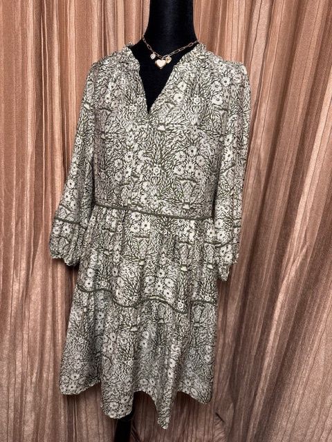 Olive Cream Sheer Sleeve Printed Dress