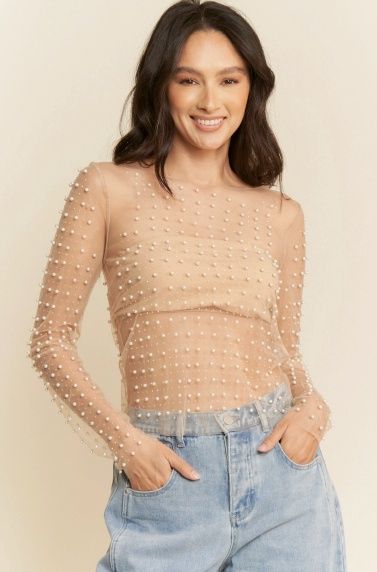 Mesh and Pearl Beaded Top