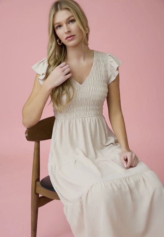 Khaki Flutter Sleeve Maxi Dress
