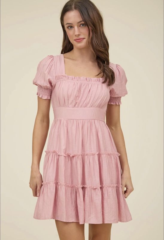 Square Neck Ruffle Detail Tiered Mini Dress