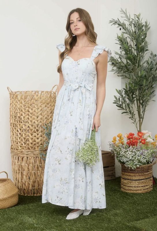Floral Waist Tie Side Slit Corset Maxi Dress