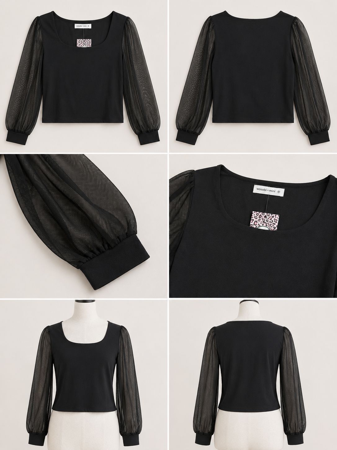 Double Layered Square Neck Mesh Long Sleeve Top- Black