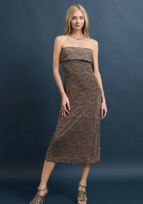 Brown Leopard Print Mesh Tube Midi Dress