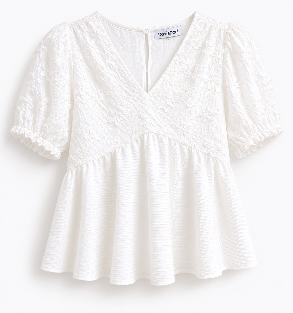 Embellished Lace and Texture Knit Mixed V Neck Blouse