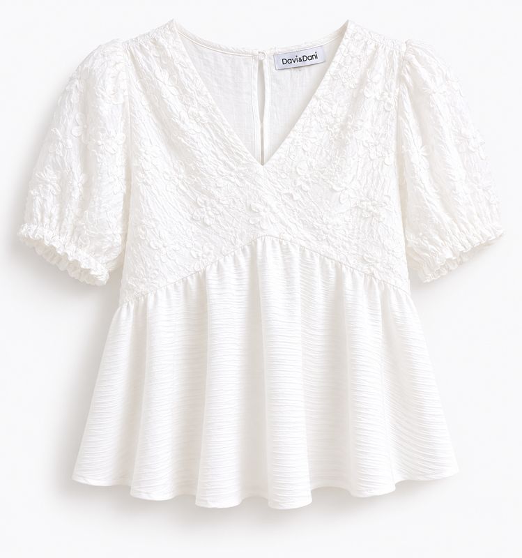 Embellished Lace and Texture Knit Mixed V Neck Blouse