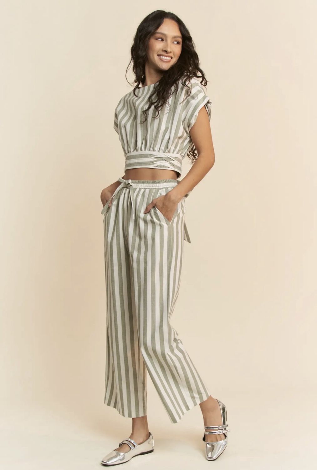 Sage Green Striped Romper