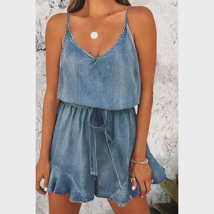 Street Cotton Denim Distressed Suspender Romper