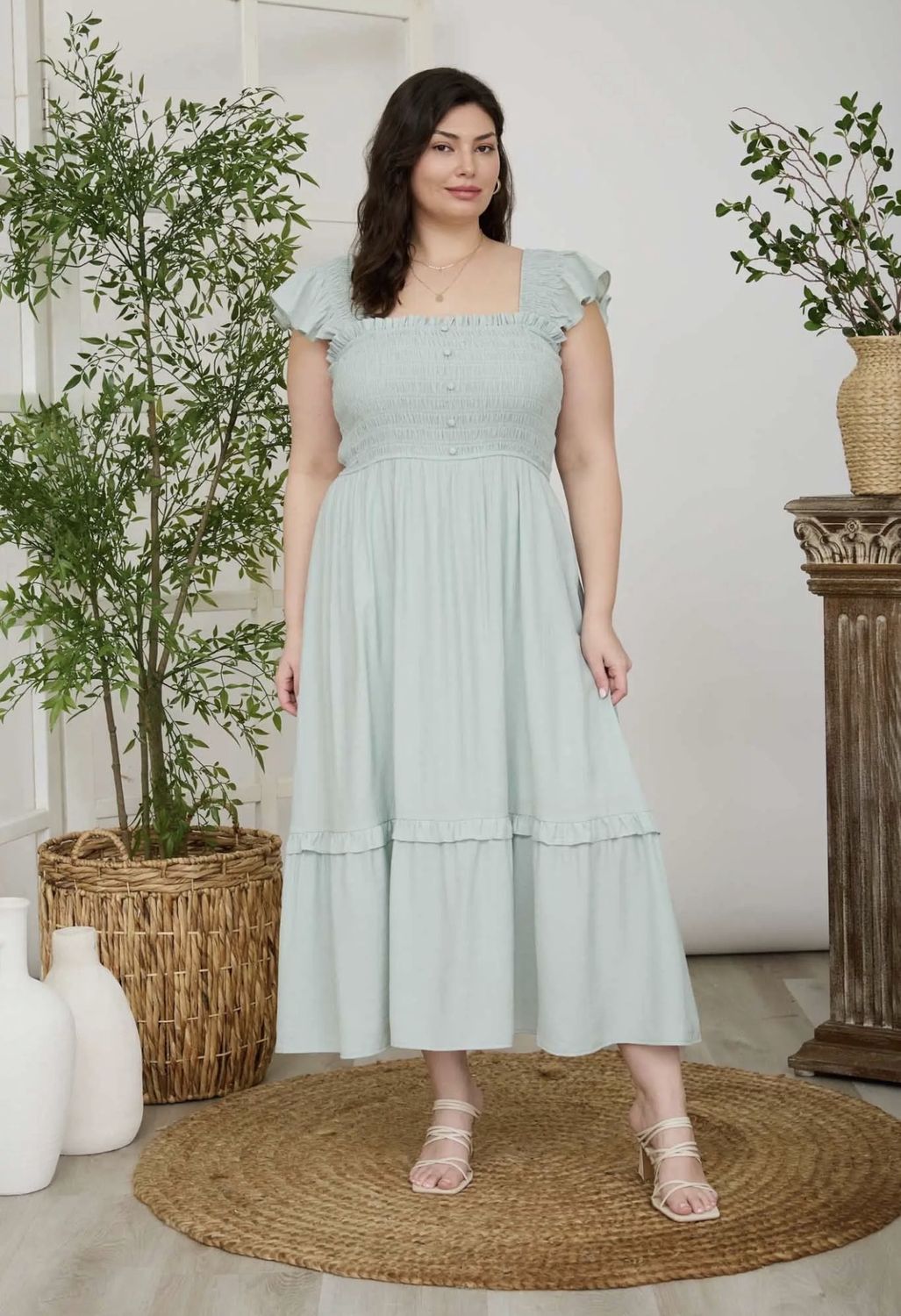 Mock Button Down Smocked Ruffle Midi Dress- mint