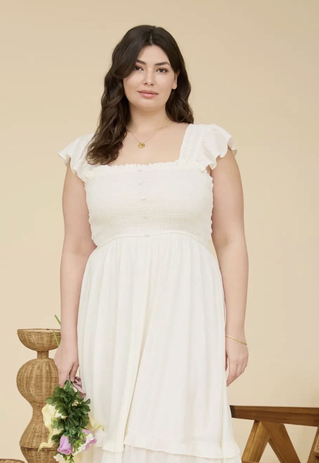 Mock Button Down Smocked Ruffle Midi Dress- Natural