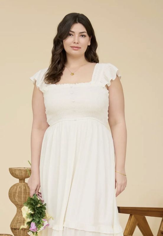 Mock Button Down Smocked Ruffle Midi Dress- Natural