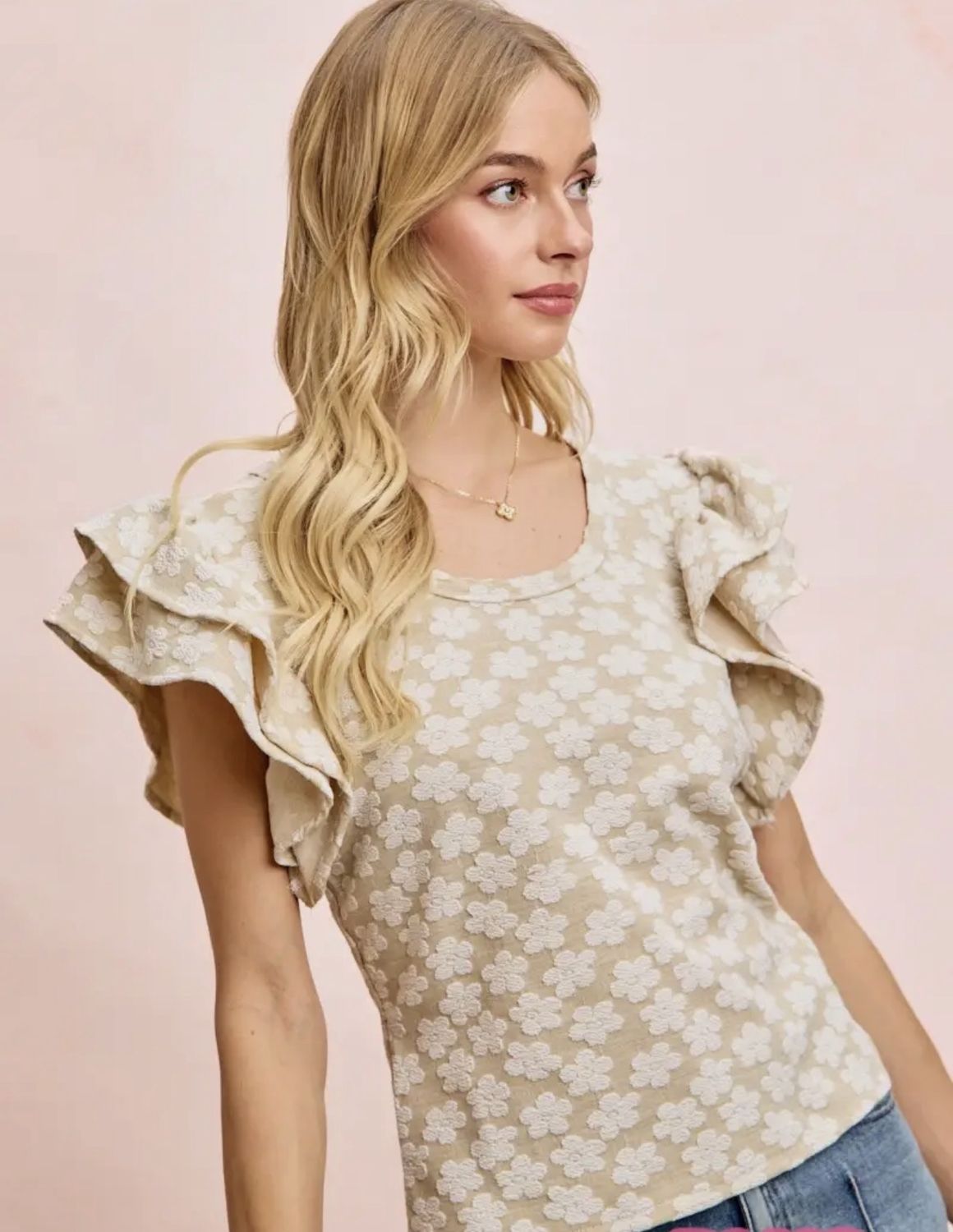 Floral Jaquard Ruffle Sleeves Knit Top
