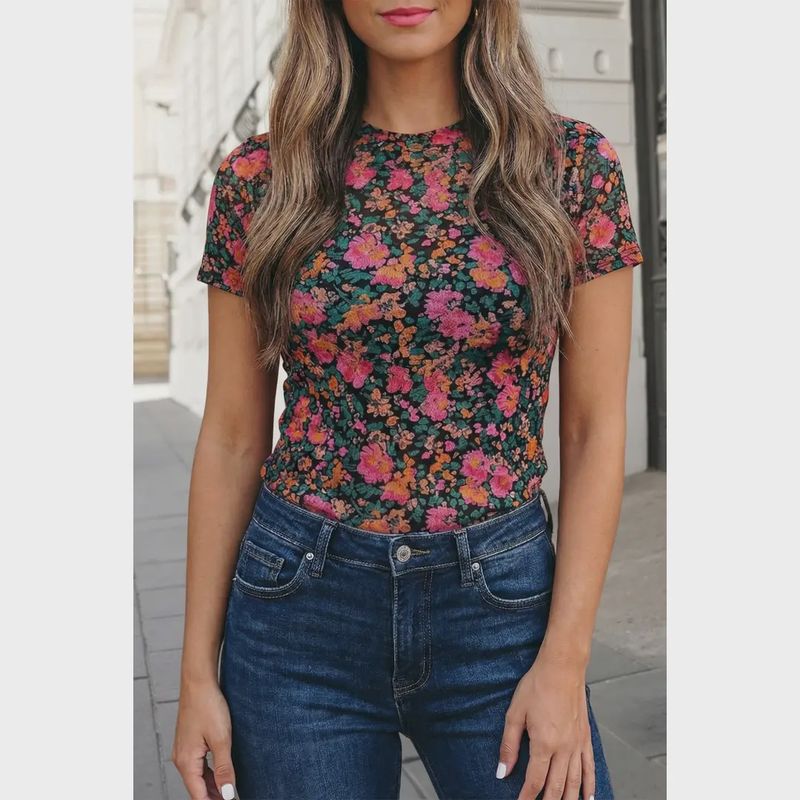 Retro Floral Print Mesh Top