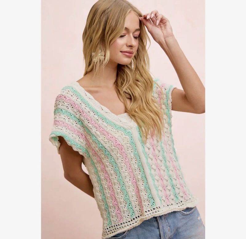 Crochet Knit Top with Scallop Stripe Relaxed Fit