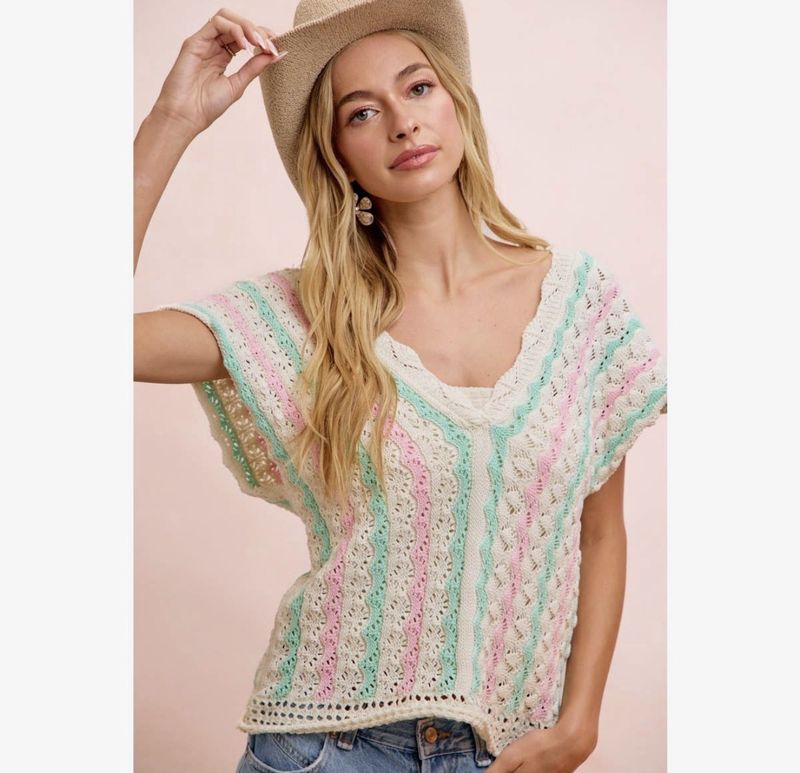Crochet Knit Top with Scallop Stripe Relaxed Fit