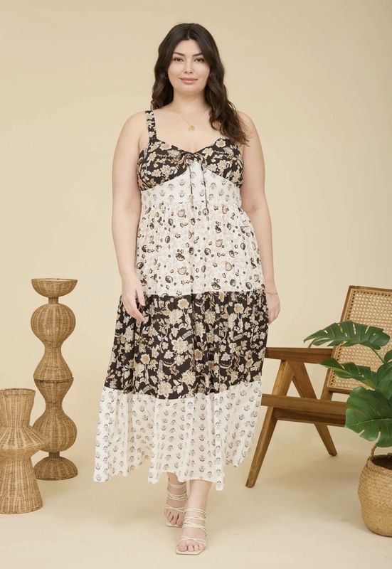 Plus Size Mixed Floral Tiered Midi Dress