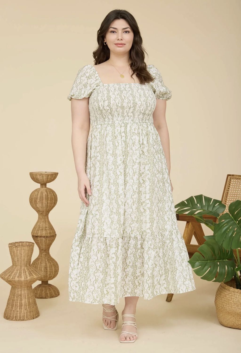 Plus Wavy Floral Smocked Midi Dress