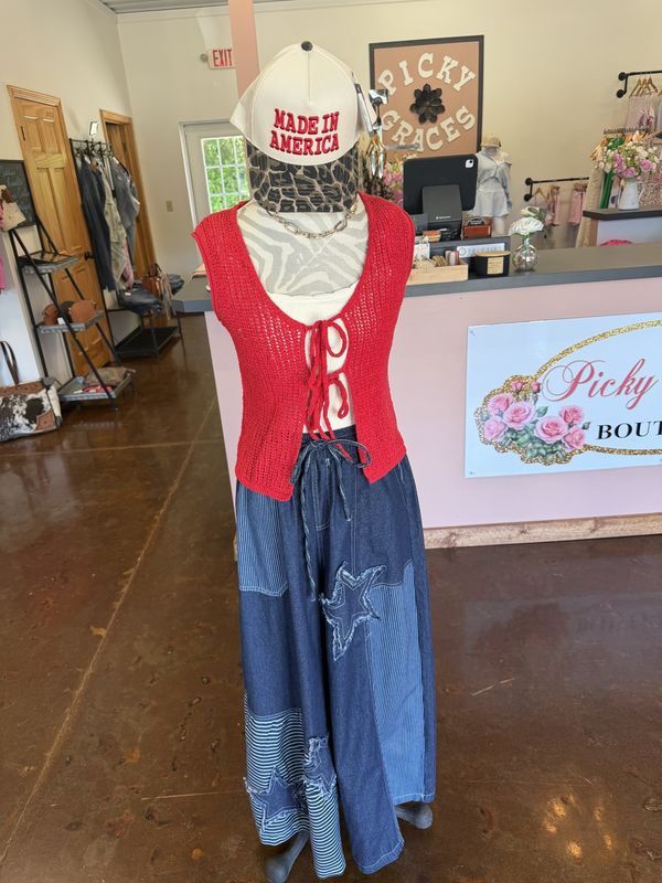 Red Sheer Crochet Knit Front Tie Sleeveless Knit Vest