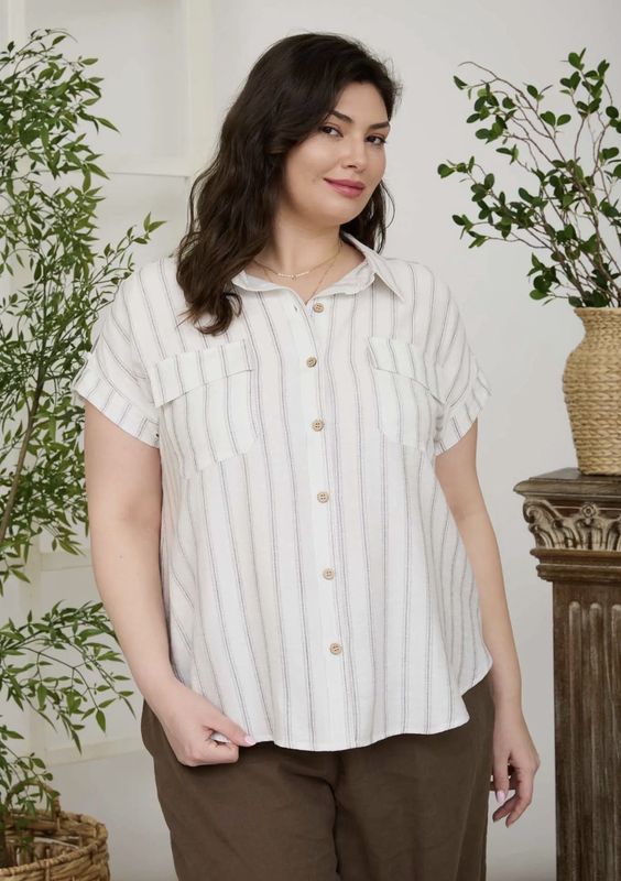 Plus Stripe Tab Detail Collared Button Down