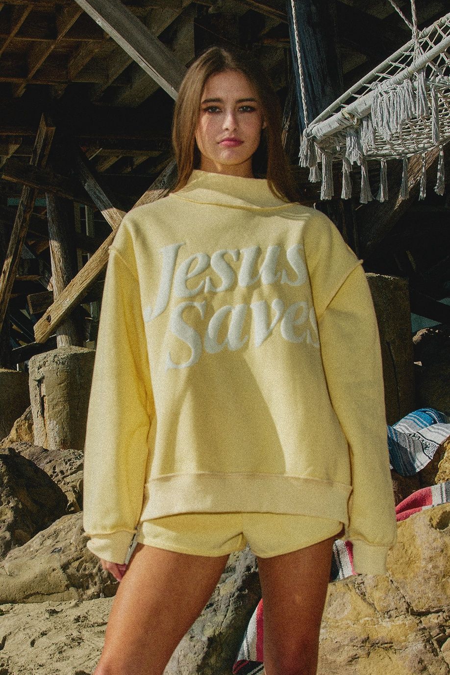 Yellow Jesus Saves Print Mock Neck Sweatshirt