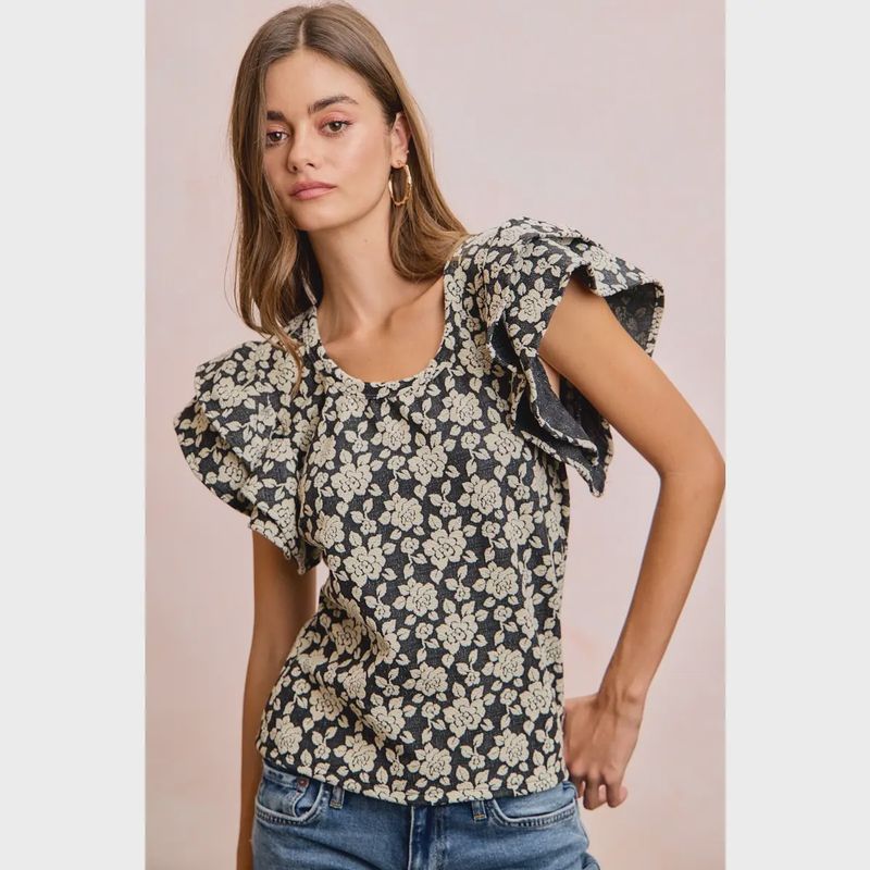 Floral jacquard ruffle sleeve knit top