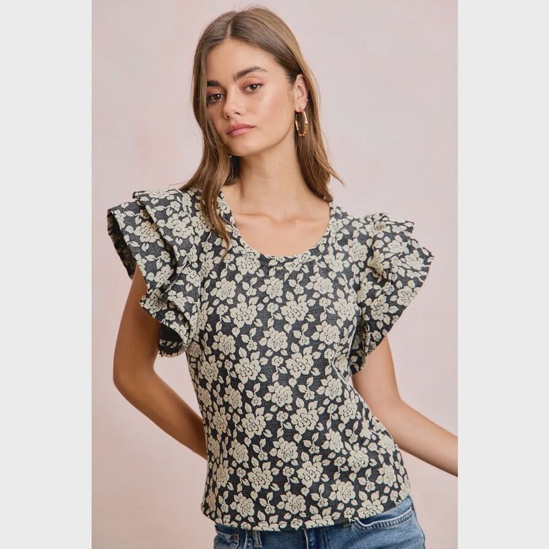 Floral jacquard ruffle sleeve knit top