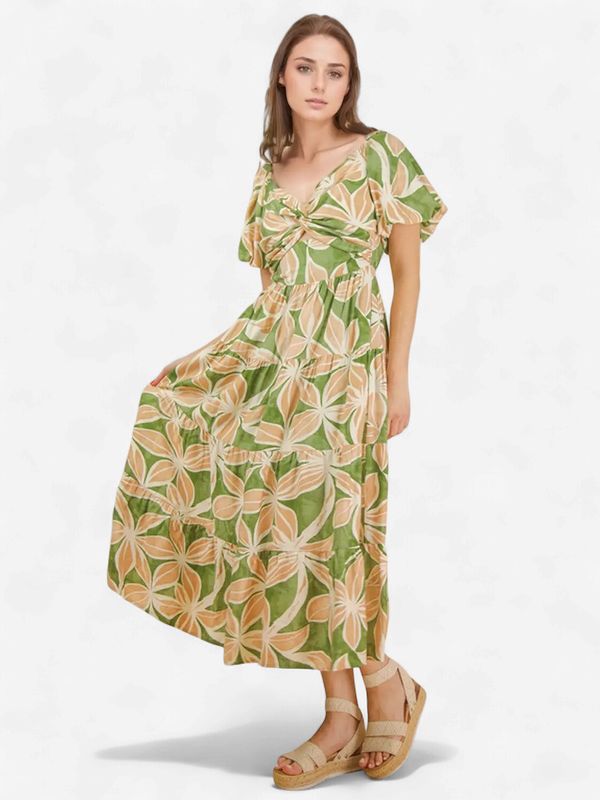 Floral Printed Puff Sleeve Resort Midi Dress