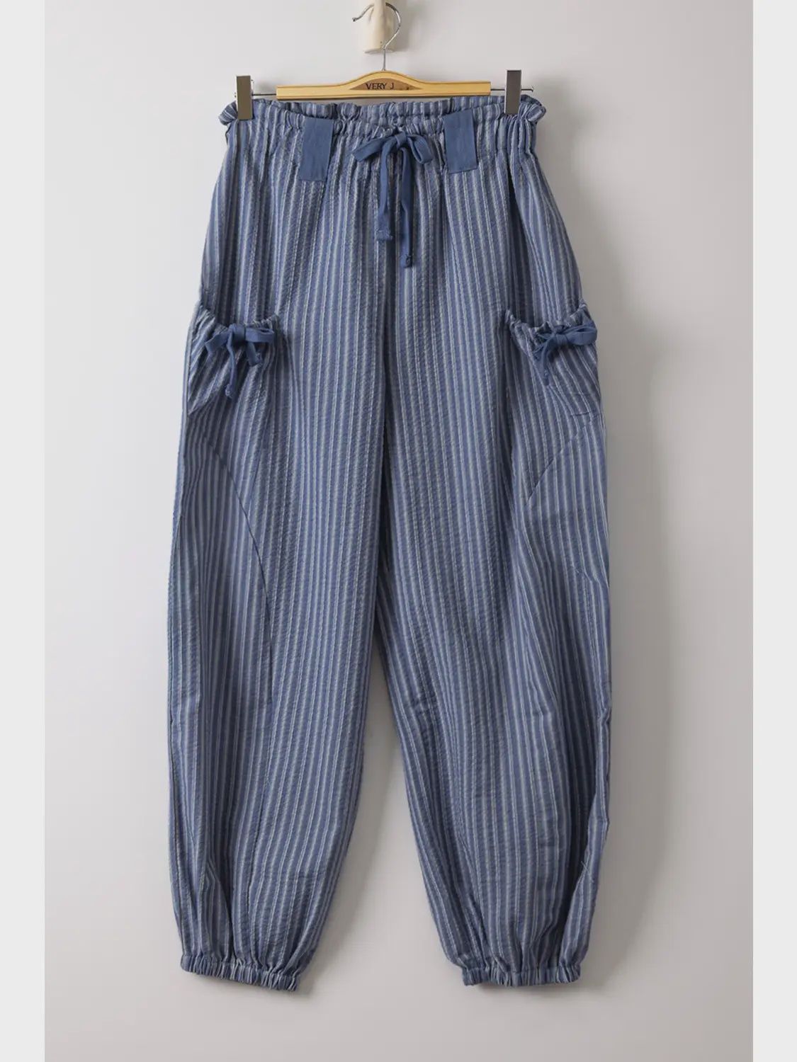 Bow Detail Stripe Textured Woven Pants