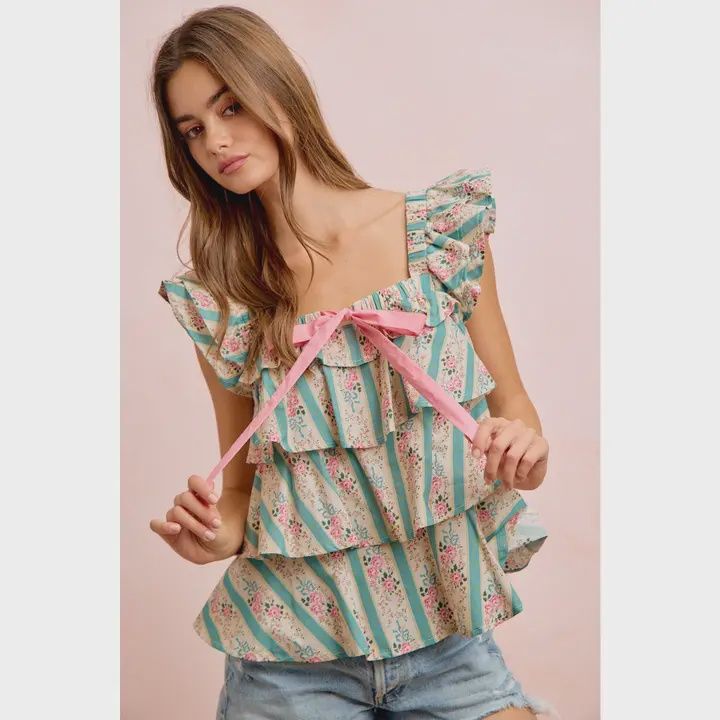 Floral Woven Bow Tied Ruffled Square Neck Top