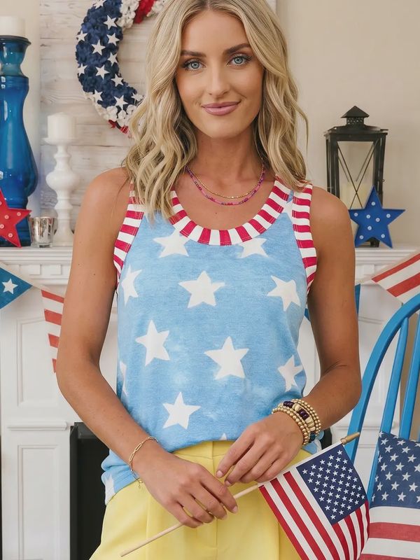 Tie Dye Star Print Striped Trim Round Neck Tank Top