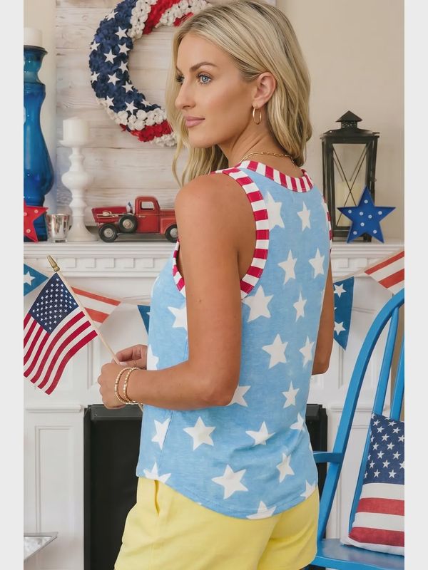 Tie Dye Star Print Striped Trim Round Neck Tank Top