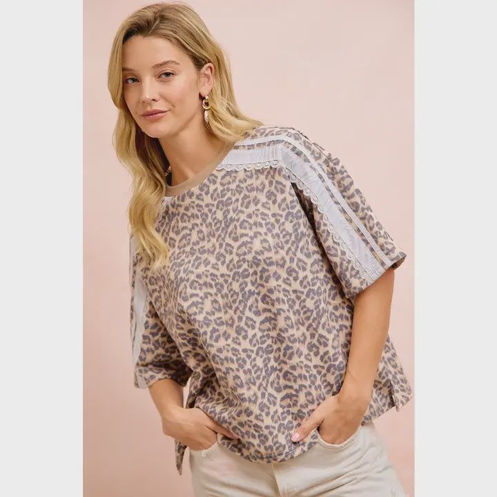 Leopard Terry Side Detail Short Sleeves Top