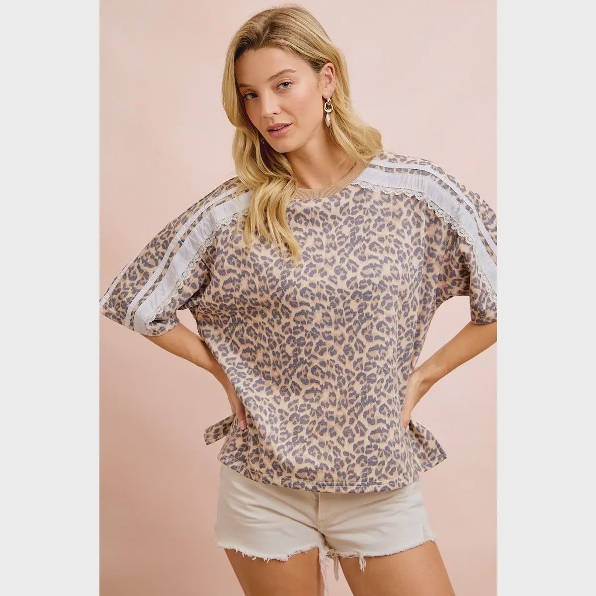 Leopard Terry Side Detail Short Sleeves Top