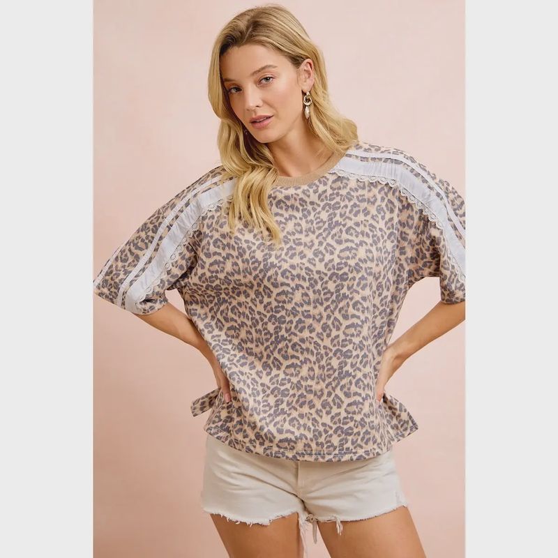 Leopard Terry Side Detail Short Sleeves Top