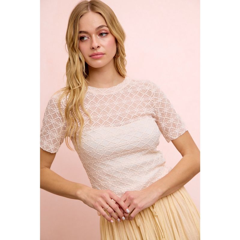 Diamond Pattern Short Sleeves Mesh Top- Blush Color