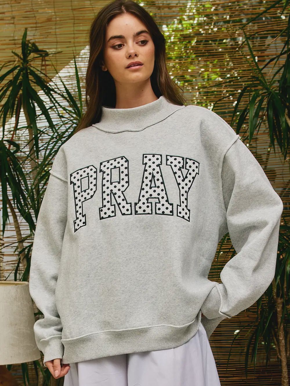 Embroidered Mock Neck PRAY Sweatshirt - Heather Grey