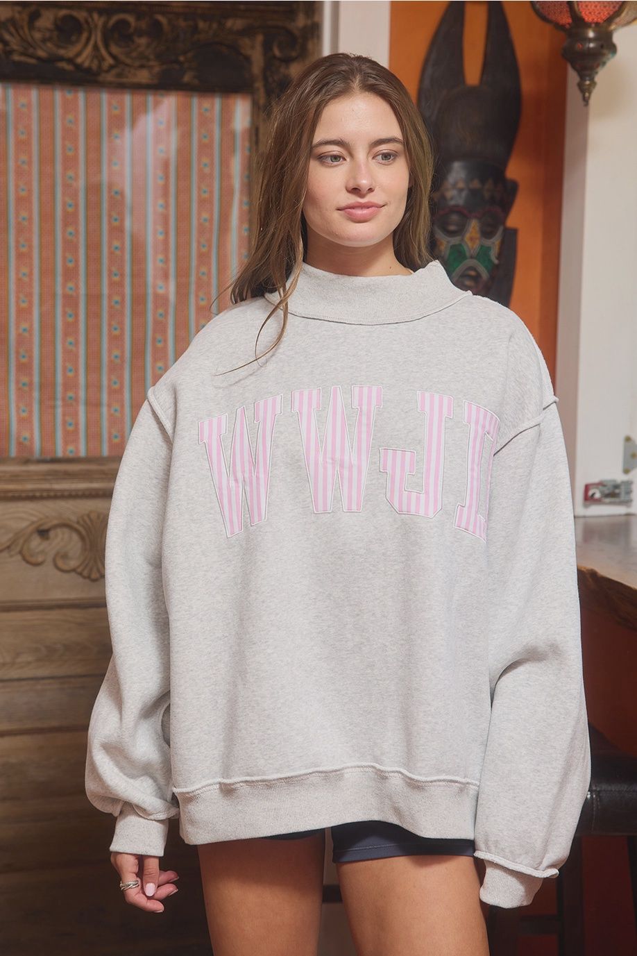 Stripe Embroidered WWJD Mock Neck Sweatshirt