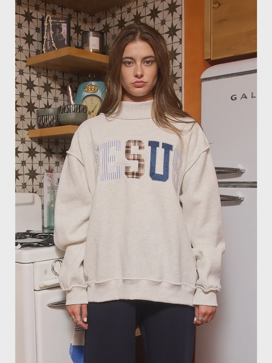 Embroidered Mock Neck Top with JESUS Wording