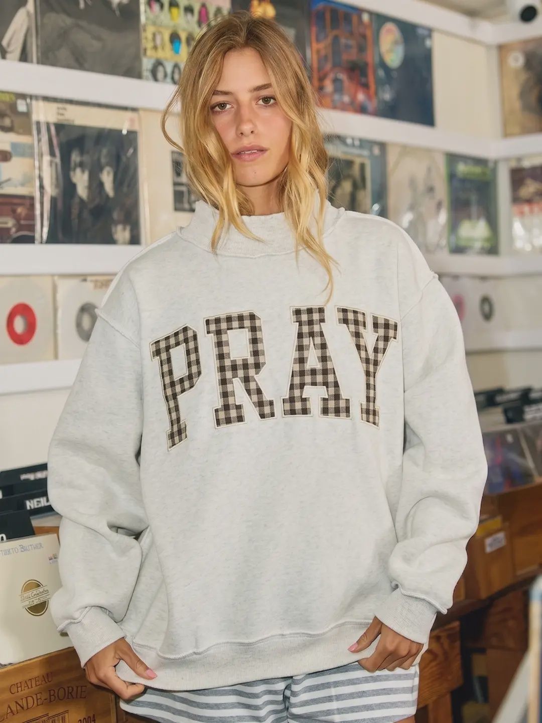 Embroidered Mock Neck Top- Pray in Gingham