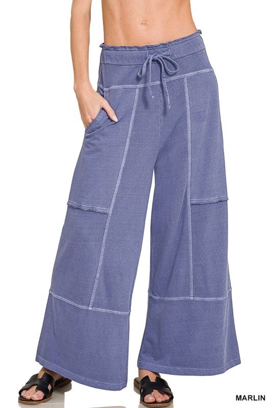 French Terry Washed Exposed-seam Wide Leg Pants