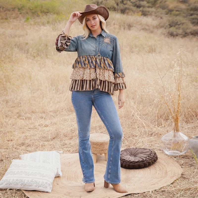 Vintage Boho Denim Yoke Patchwork Tiered Tunic Top