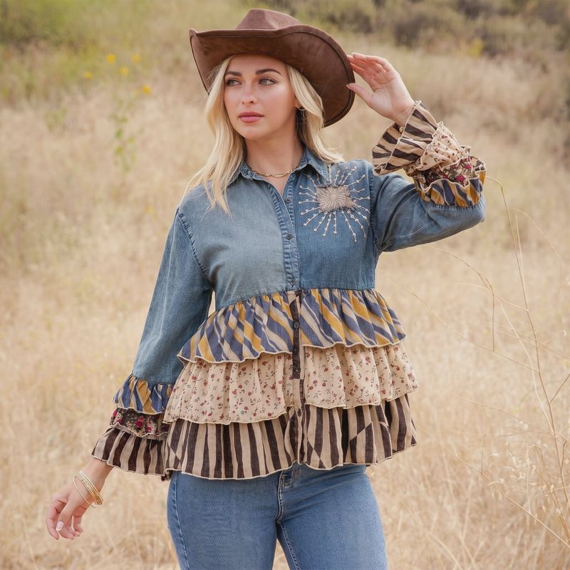Vintage Boho Denim Yoke Patchwork Tiered Tunic Top