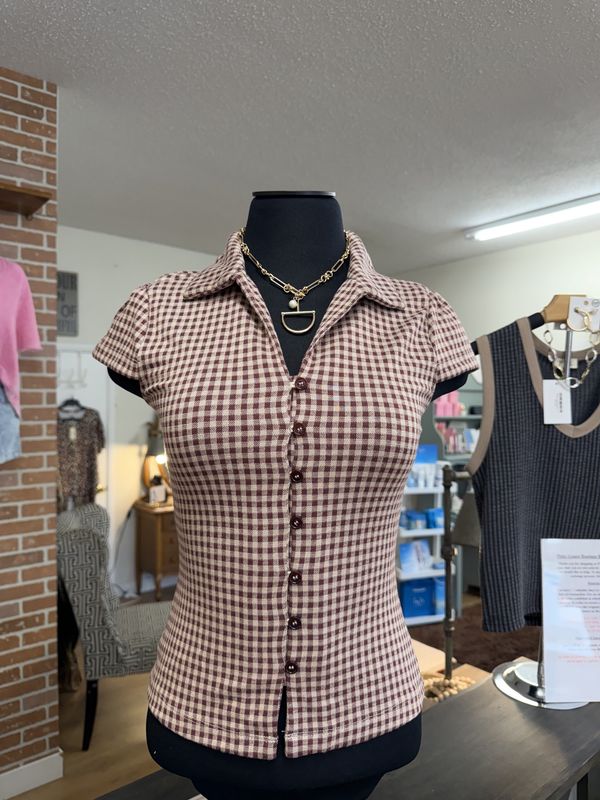Gingham Collared Button Down Top- OxBlood