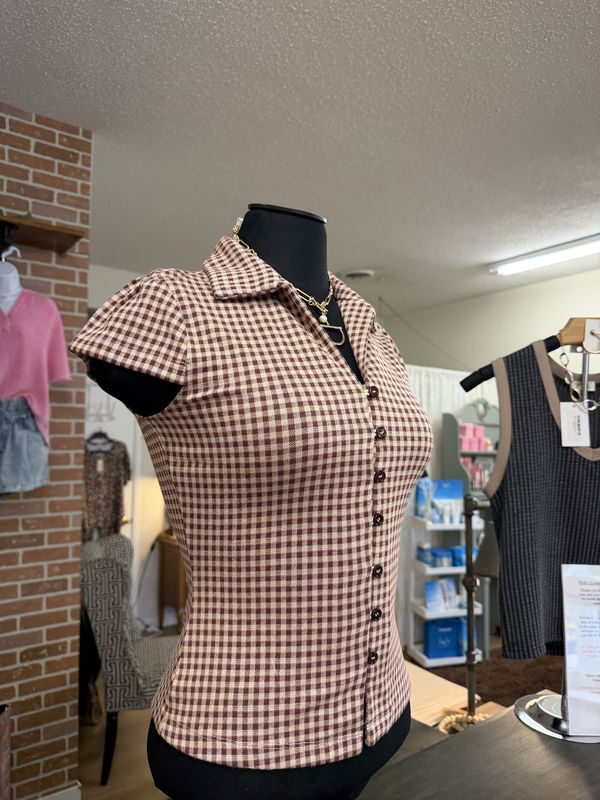 Gingham Collared Button Down Top- OxBlood