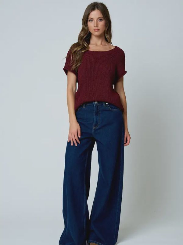 Crew Neck Raw Sleeve Relaxed Sweater Knit Top
